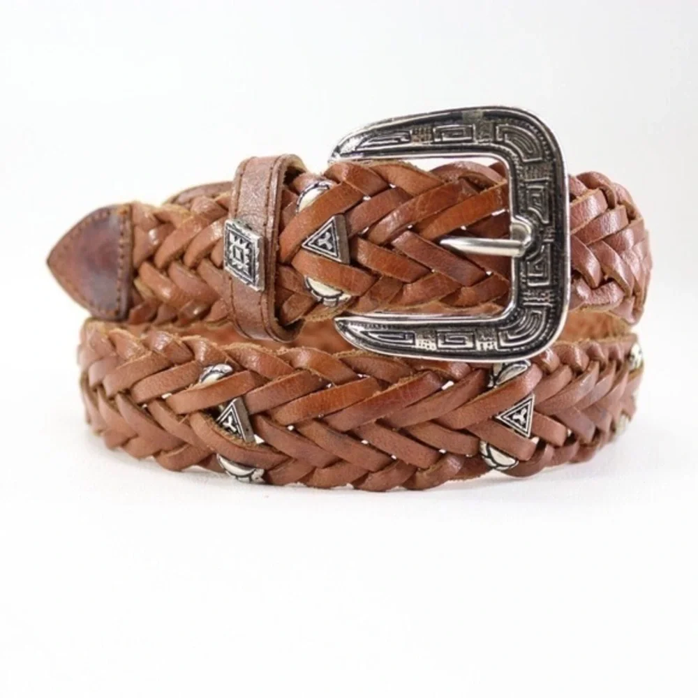 Vintage 1990s Braided Leather Belt with Silver Buckle and details
